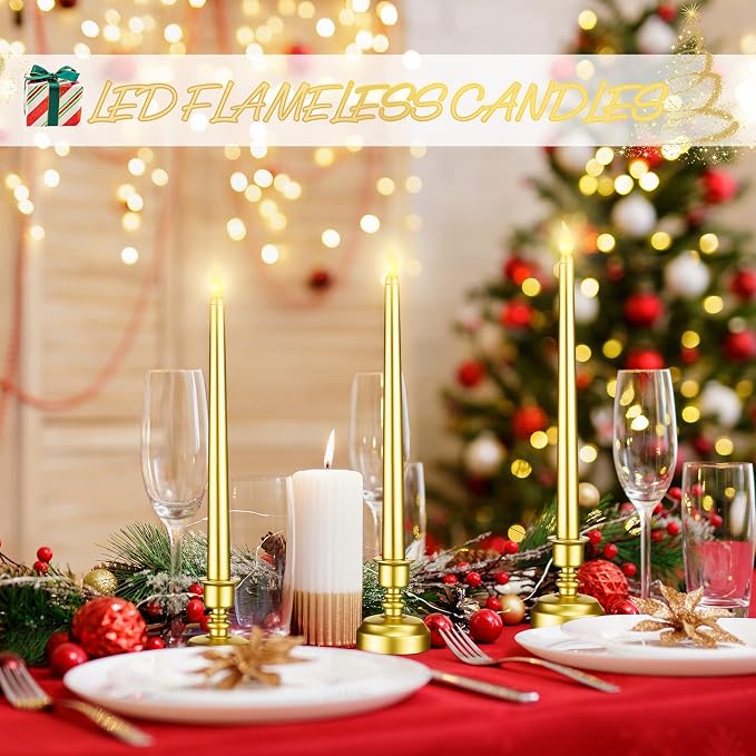 Fumete 16 Pcs Flameless Candles with Gold Base Battery Powered Taper Candles Battery Operated LED Candlesticks for Party Home Wedding Dinner Decorations