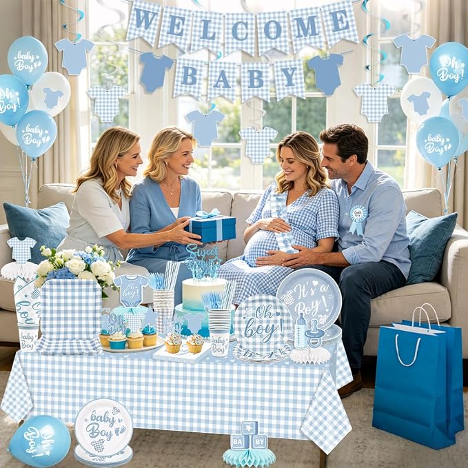 Blue Baby Shower Decorations Boy Blue Gingham Welcome Baby and Body Cloth Banner Plates Napkins Cups Sash Centerpieces Hanging Swirls Tablecloth Cake Topper Balloon Baby Boy Baby Shower Party Decor