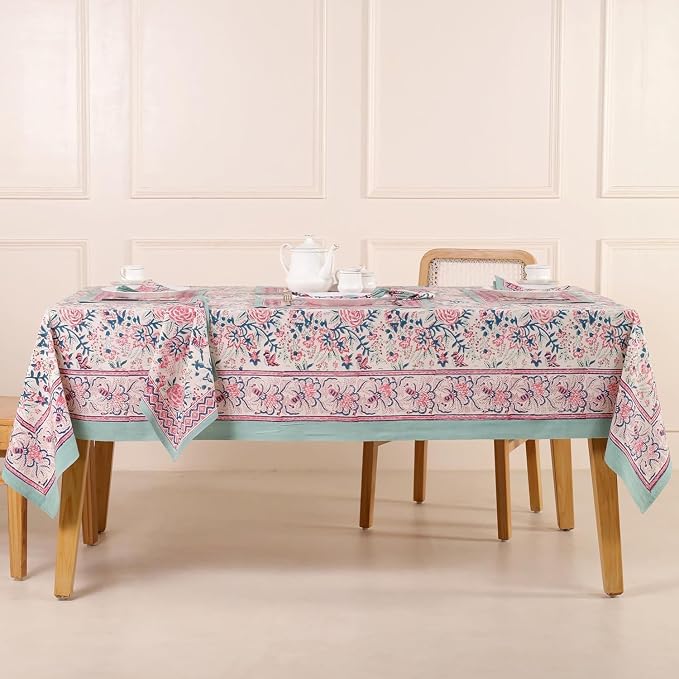 Hand Block Printed Tablecloth – Colorful Floral Print | 100% Cotton | Indian Artisan Handmade Art | Dining Room, Kitchen, Outdoor Décor, (Salmon Pink, 60 x 60 Inches Square)