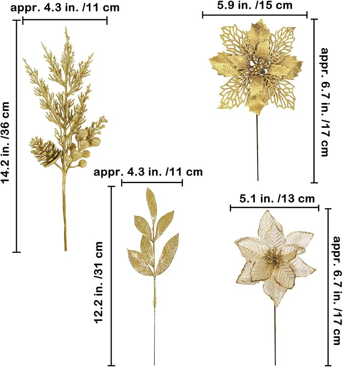 Winlyn 35 Pcs Christmas Artificial Poinsettia Flowers Picks and Artificial Leaves Sprays Gold Glitter Christmas Floral Picks for Gold Christmas Tree Holiday Centerpiece Wreath Garland Decorations