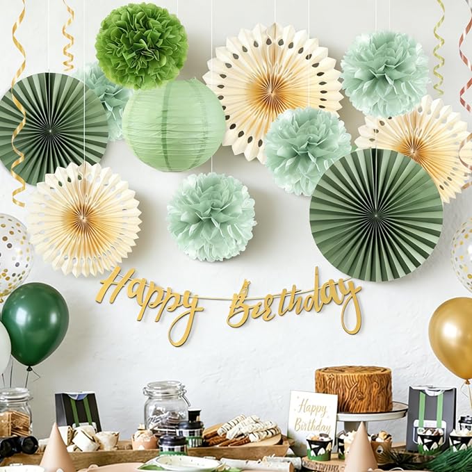 SUNBEAUTY Sage Green Birthday Decorations for Women Green Tissue Pom Poms Paper Lanterns Party Decorations Happy Birthday Banner Sage Green Paper Fans for Spring Garden Party Wedding Bridal Shower