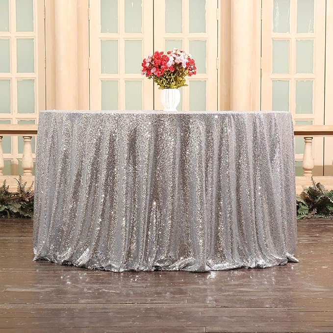 Juya Delight 120-Inch Round Silver Sequin Tablecloth for Wedding Birthday Party Festival Ceremony Dessert Table