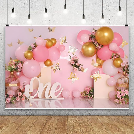 12x6ft First Birthday Backdrop for Girl Pink and Gold Butterfly Balloons 3D Photography Background Girl's 1st Birthday Party Decorations Newborn Baby Shower Cake Table Photo Booth Banner Props