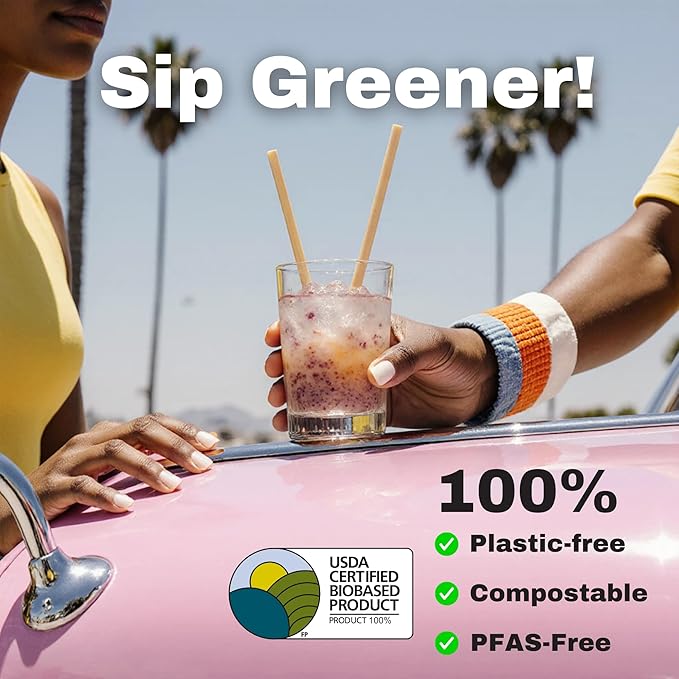 Hay Straws 8 inch Compostable Drinking Straw Eco Friendly, 1500 Count Biodegradable Disposable Straw for Juices, Smoothies, Plant-Stem Straws, No Paper, Plastic-Free (5–6.5mm)