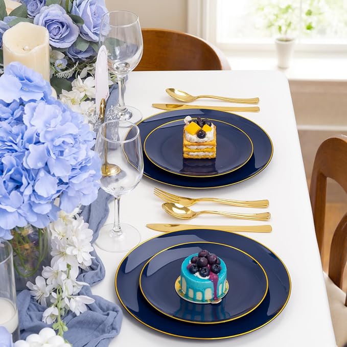 YOUBET 125PCS Blue Plastic Plates - Navy Blue Disposable Plates With Gold Rim Include 25 Dinner Plate, 25 Dessert Plate, 75 Gold Silverware Cutlery for Party & Wedding