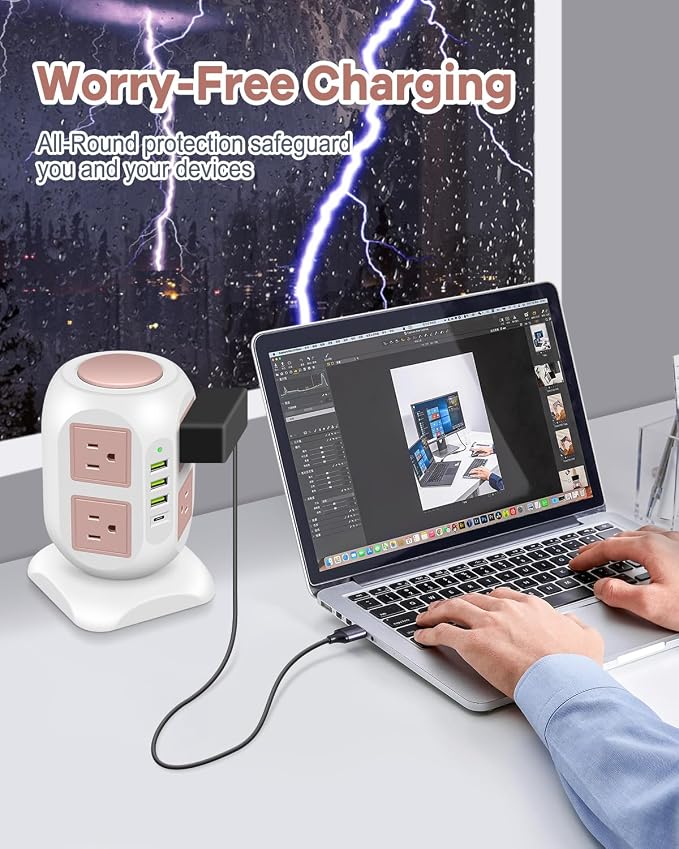 Rose Gold Power Strip Desk Accessories for Women, Girls - Flat Plug Outlet Extender (8 Outlet 4 USB Port) - 10FT Extension Cord Tower Surge Protector - USB C Charging Station - Home Office Room Decor