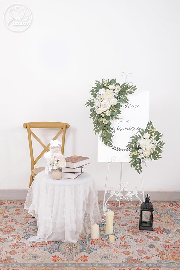 Odouzy Pack of 2 Wedding Arch Decorations Artificial Hanging Flowers Floral Swag for Wedding Welcome Sign Backdrop Balloon Arch Home Party Bridal Ceremony Reusable(New White)