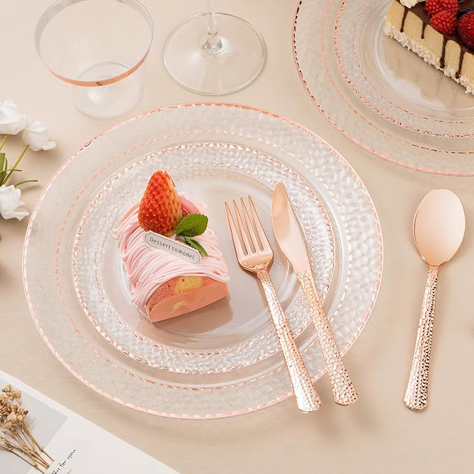 Bestluck 350PCS Clear Plastic Plates with Rose Gold Trim for 50 Guests, Disposable Dinnerware Set for Party, Wedding, Include 100 Plastic Plates, 50 Pre Rolled Napkins with Silverware, 50 Cups