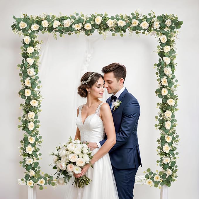 DEMIUKO 2PCS 6.56Ft Artificial Eucalyptus Flower Garland Fake Peony Flower Vine Faux Eucalyptus Leaves Greenery Garlands Spring Garland for Wedding Party Centerpiece Arch Table Runner Backdrop Decor