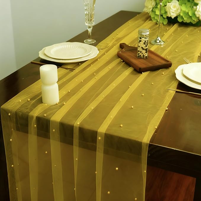 Set of 6 Pearl Table Runner 10ft, 29 * 120 Inch Yellow Table Cloth Sheer Tulle Table Cover,Pearl Table Runner for Wedding Party Baby Shower Birthday Home Decor