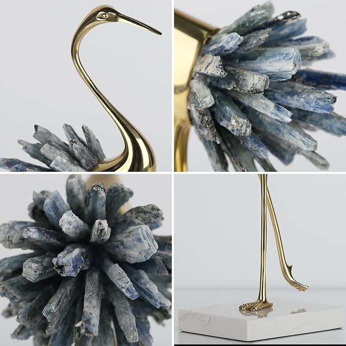 suruim Elegant Gold Crane Bird Statues with Crystal Tail Accents, Decorative Brass Figurines for Home Decor (Blue B)