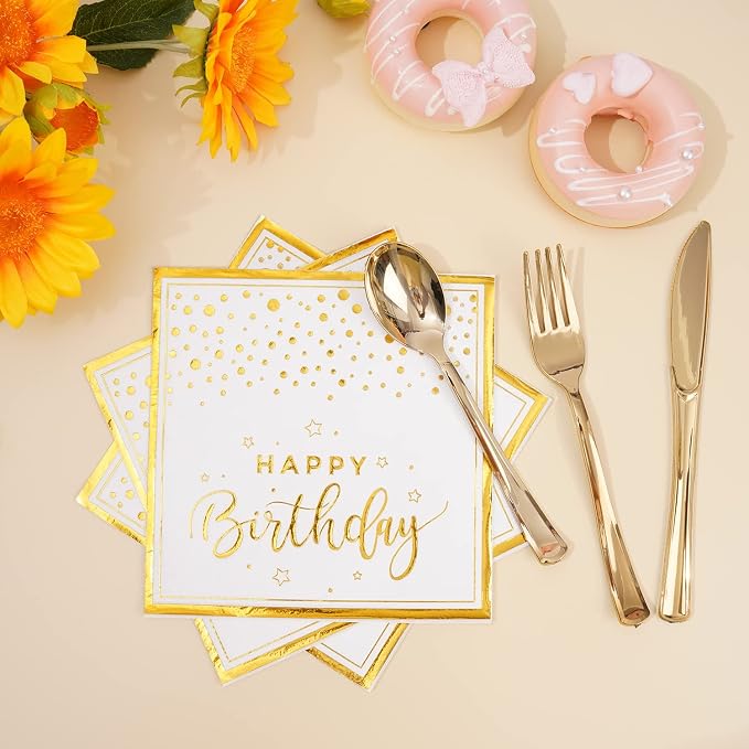 175PCS Happy Birthday Plates and Napkins Party Supplies, Gold Dot Paper Plates and Napkins with Gold Plastic Forks Knives Spoons Serve 25 Guests for Birthday Party Decorations