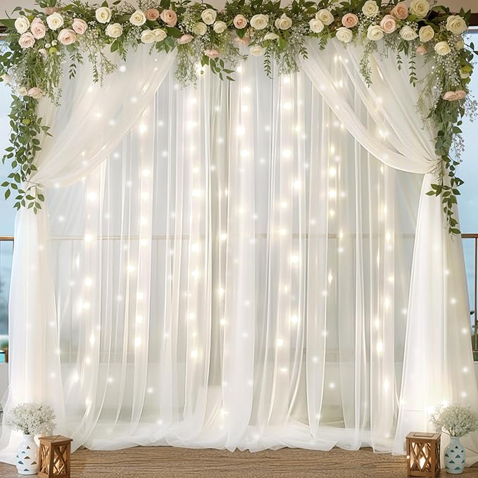 10ft x 10ft White Chiffon Backdrop Curtain with Lights String for Parties,2 Panels Sheer Tulle Curtain Wedding Backdrop with Lights for Baby Shower Birthday Party Ceremony Reception Home Decorations