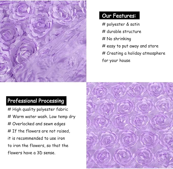B-COOL 3D Floral Tablecloths 90x132 Inch Wedding Rosette Lavender Tablecloth Rose Table Linen for Sweetheart Baby Shower Bachelorette Prom Table Decoration