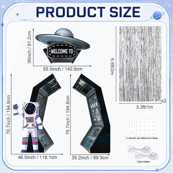 Space Birthday Party Hanging Banner Backdrop Astronaut Planet Door Covers Outer Space Silver Foil Fringe Backdrop Decorations for Wall Table Entryway Room Classroom Supplies
