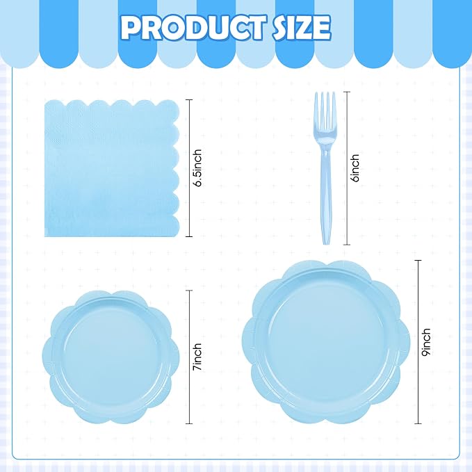 96 Pcs Light Blue Paper Plates and Napkins Set Party Supplies, Tableware set for 24 Guest include Disposable Light Blue Scalloped Plates, Napkins and Forks for Baby Shower Bridal Shower Wedding