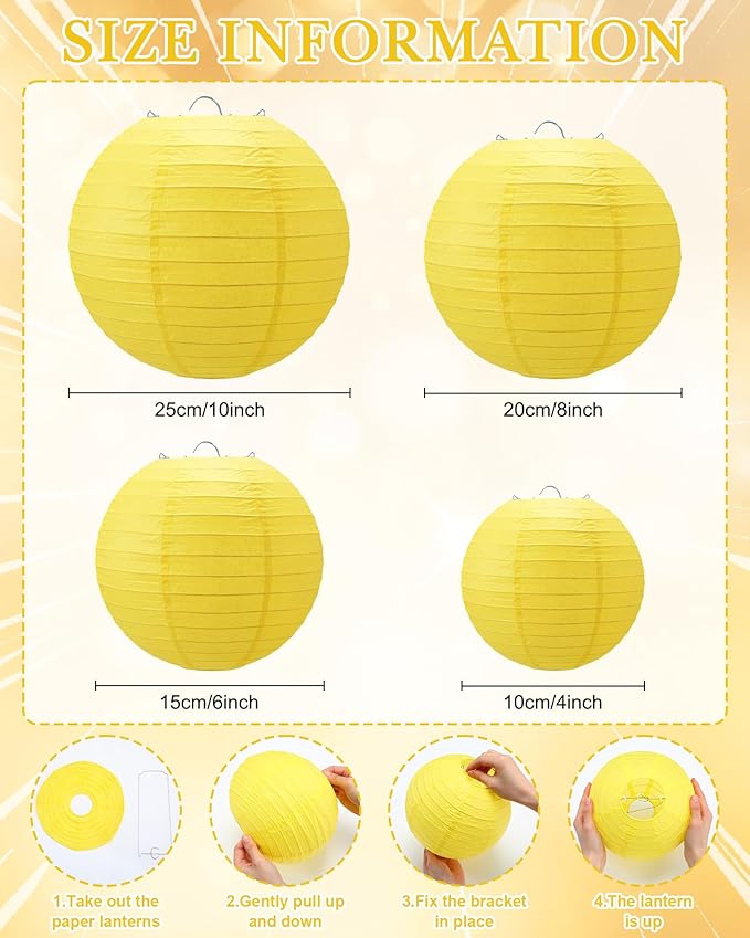 Treela 48 Pcs Paper Lanterns Party Decorations Chinese Round Paper Decor 4/6/8/10 Inch Asian Hanging Lamps Decorative for Graduate Wedding Birthday Party Bridal Parties Supplies(Yellow)