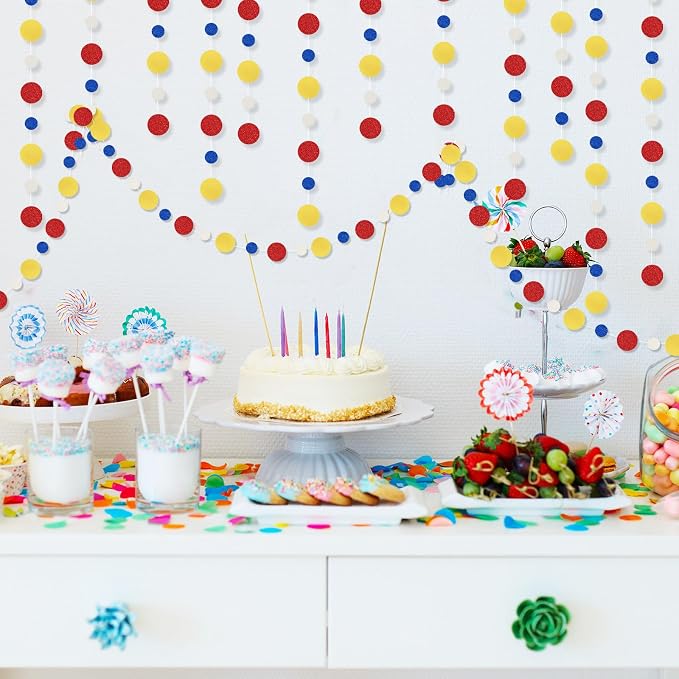 Outus 5 Pieces Colorful Circle Garland Banner Hanging Paper Dot Decorations for Classroom, Birthday Party, Baby Shower, Wedding Backdrop & Photo Booth Graduation Decor (Red,Blue,Yellow)