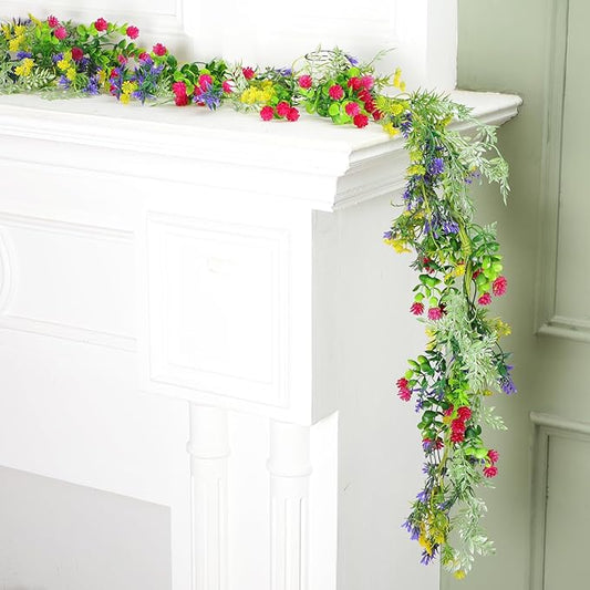 1 Pcs 6 ft Spring/Summer Wildflower Garland Artificial Greenery Flower Garland with Daisy and Lavender Fake Floral Vine for Birthday Party Wedding Mantle Porch Staircase Home Table Centerpiece Decor