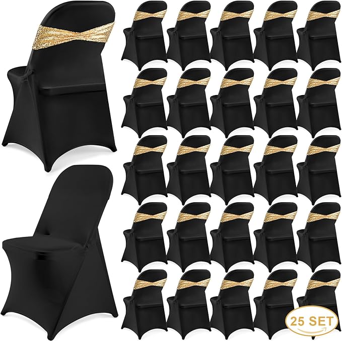 Windyun 50 Pcs Stretch Spandex Folding Chair Cover and Sequin Chair Sashes Set, 25 Double Sided Sequin Bows and 25 Universal Washable Protector for Wedding Banquet(Black, Gold)