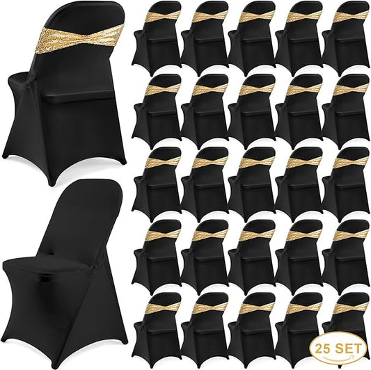 Windyun 50 Pcs Stretch Spandex Folding Chair Cover and Sequin Chair Sashes Set, 25 Double Sided Sequin Bows and 25 Universal Washable Protector for Wedding Banquet(Black, Gold)