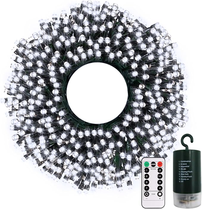 echosari 200 LED 66ft Battery Powered Christmas Lights, String Lights with Remote Timer, Outdoor Fairy String Lights Waterproof for Home Garden Party Christmas Trees Decoration (Cool White) | Green Wire, Remote Control, Timer, 8 Lighting Modes,Waterpro...