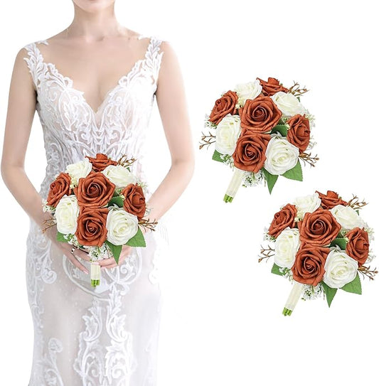Artificial Bridesmaid Bouquets Set of 2 - Wedding Bouquet Burnt Orange Rose White Babys Breath 7 Inch Flower Bride Bouquet for Wedding Bridal Shower Centerpiece Ceremony Anniversary Decorations