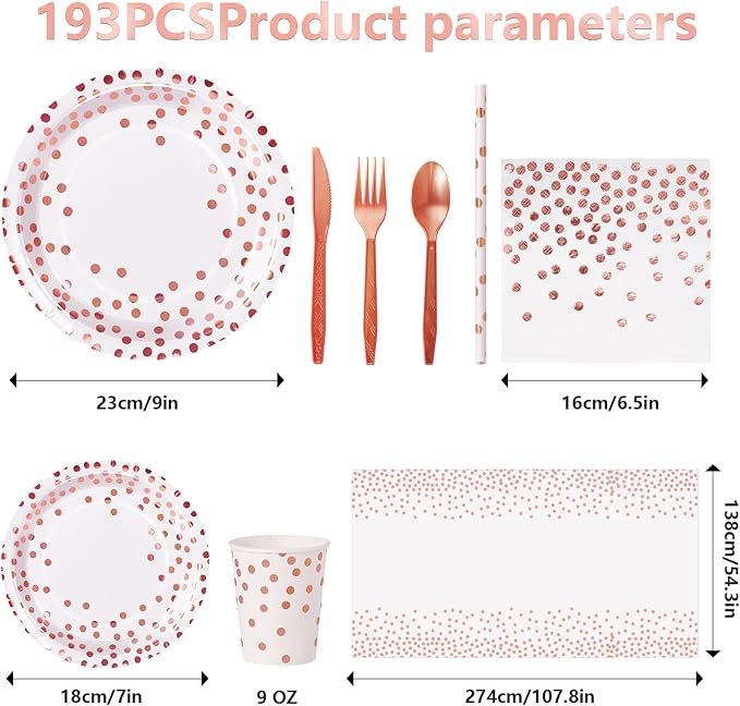 Nkaiso 193 Pcs Rose Gold Paper Plates and Napkins Party Supplies Sets Include White Party Plate Cup Napkin Plastic Cutlery for Baby Shower, Wedding, Birthday Decoration -24 Guest
