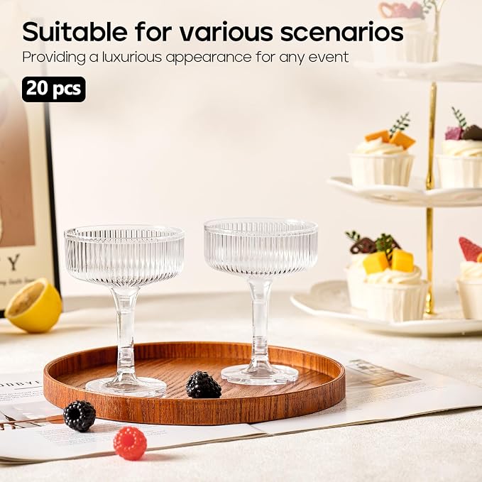 20 Pack Plastic Champagne Tower, 7oz Champagne Coupe Unbreakable Plastic Cocktail Glasses Acrylic Martini Glasses for Wedding Birthday Party Bar, Clear
