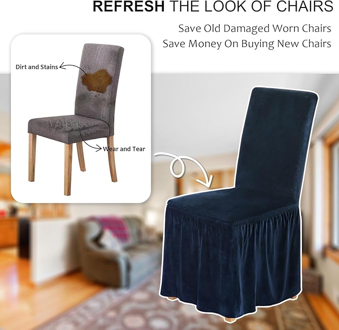 NICEEC Spandex Chair Covers for Dining Chairs Covers Set of 4 Removable Dining Room Chair Covers with Skirt Parson Chair Slipcovers Washable Chair Protector for Kitchen Wedding Party(Navy Blue)
