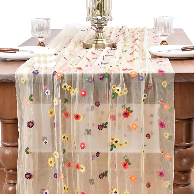 Joanlody 10pcs Champagne Summer Flower Table Runner 10ft Embroidery Daisy Floral Seasonal Tulle Table Runner for Home Garden Tea Party Holiday Birthday Decoration