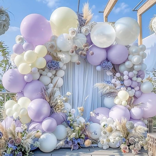 Pastel Purple White Balloon Garland - Double Stuffed Lavender Light Purple Cream Balloon Arch Kit Pearl Lilac White Ivory Color for Birthday Baby Shower Bridal Wedding Butterfly Fairy Party Decor