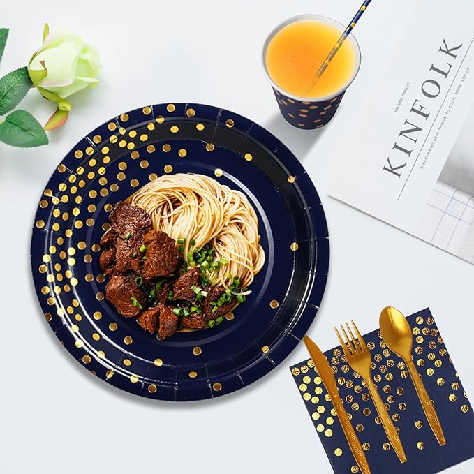 Nkaiso 193 Pcs Navy Blue Gold Paper Plates and Napkins Party Supplies Sets Include Navy Blue Party Plate Cup Napkin Plastic Cutlery for Baby Shower, Wedding, Birthday Decoration -24 Guest