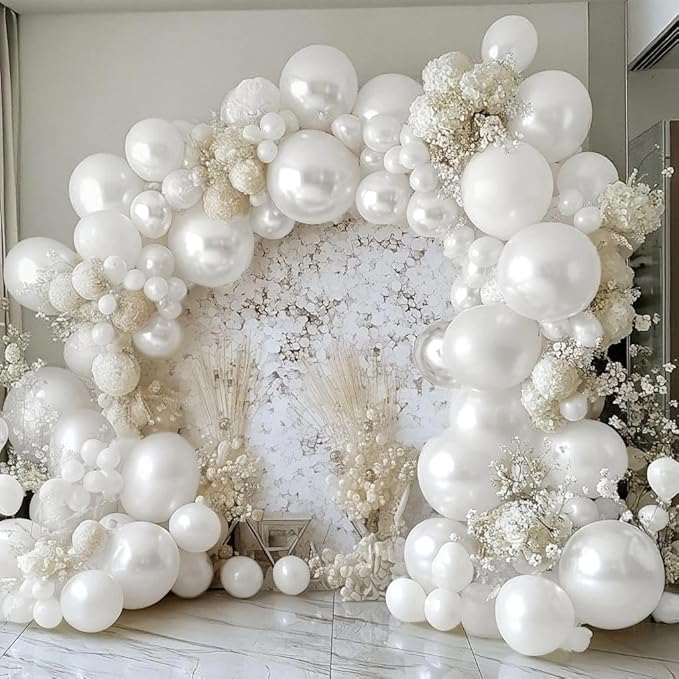Pearl White Balloons Double Stuffed Latex Pastel White Balloon Garland Different Sizes 18/12/5in Cream Balloon Arch Kit for Wedding Bridal Valentine Mother's Day Frozen Birthday Party Decorations