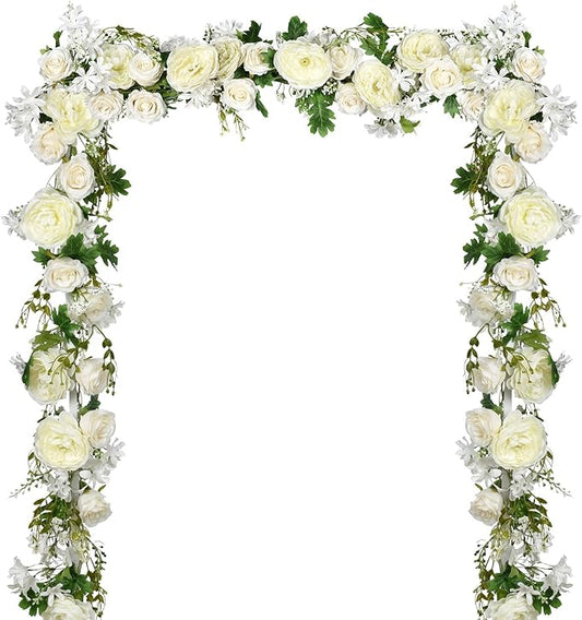 Lvydec 2 Pack Artificial Peony Garland - 6ft Silk White Peony Flower Arch Vine for Wedding Party Table Decoration