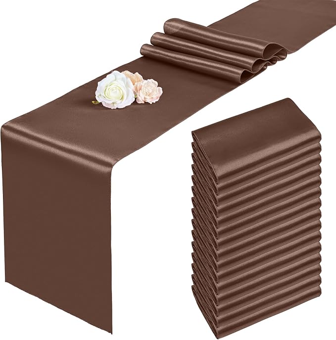 15 Pack Brown Satin Table Runners 12 x 108 Inch Long Table Runners for Rectangle Round Tables, Smooth Satin Table Runner for Wedding,Birthday Party Banquets Graduation Engagements Decoration
