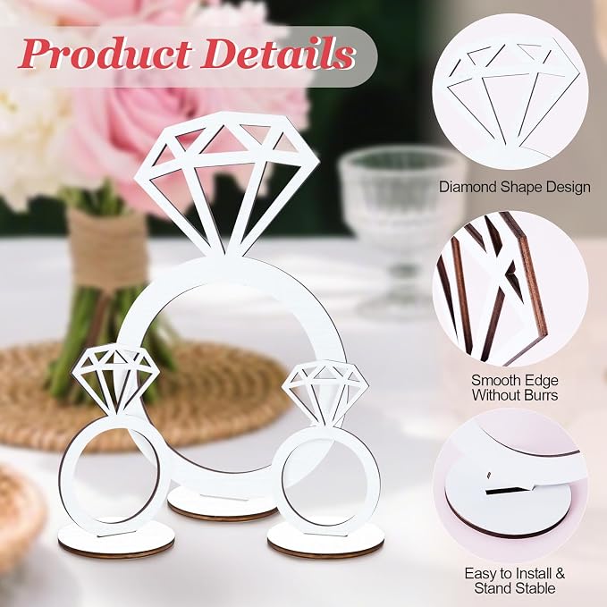 3 PCS Bridal Shower Centerpieces for Tables Diamond Ring Sign Table Centerpieces White Wooden Diamond Ring Sign Decorations for Wedding Anniversary Supplies Batcholette Party Engagement Party