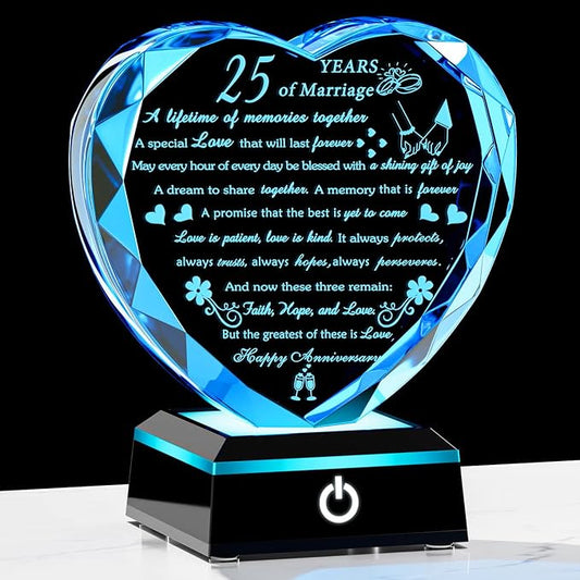 25th Wedding Anniversary Crystal Gifts for Couples Parents, Romantic Heart 25th Anniversary Keepsake Gifts for Her Him, 25 Years of Anniversary Marriage Gifts for Wife Husband