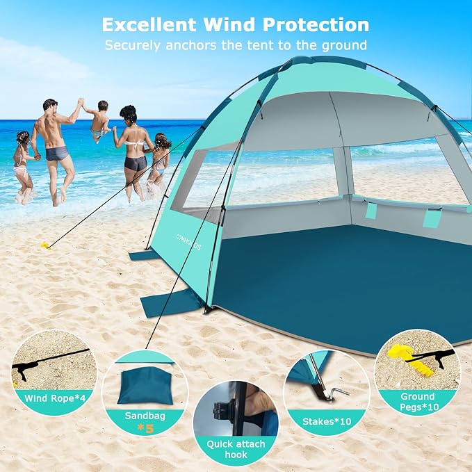 COMMOUDS Beach Tent Sun Shelter for 3/4/6/8 Person, UPF 50+ UV Protection Beach Shade Canopy Tent, Lightweight, Easy Set Up and Carry