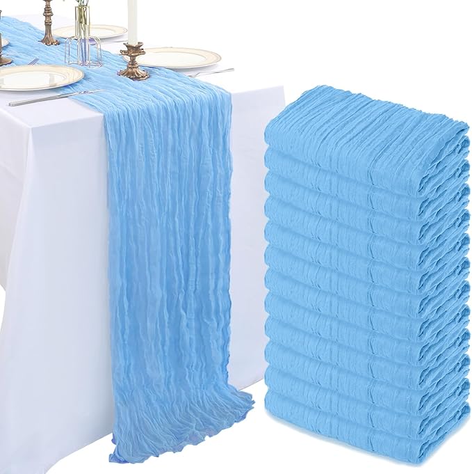 12 Pack 10FT Baby Blue Cheesecloth Table Runner 120 Inch Long Gauze Rustic Boho Spring Cheese Cloth Table Runner Sheer Fabric Decorations for Holiday Party Wedding Banquet Bridal Baby Shower Décor