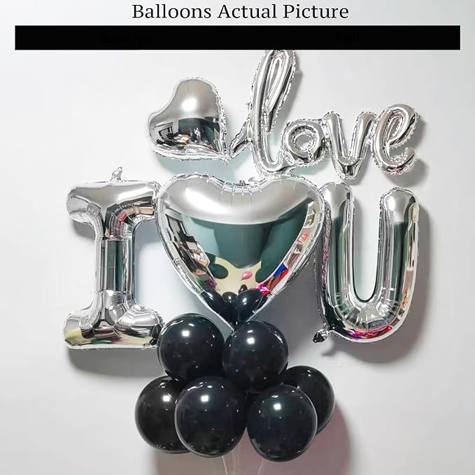 Romantic Special Night Decorations - Black Silver Theme with I LOVE YOU & Silver Hearts Balloons, Black Rose Petals for Anniversary, Valentine Day, Bedroom, Hotel Room, Birthday Surprise