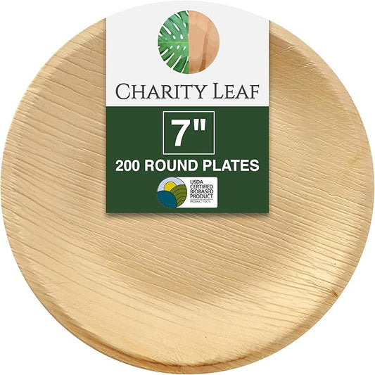 Charity Leaf Disposable Palm Leaf 7" Round Plates (200 pieces) Bamboo Like Serving Platters, Disposable Boards, Eco-Friendly Dinnerware For Weddings, Catering, Events