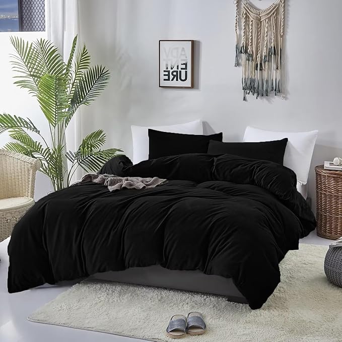 KAREVER Black Velvet Comforter Set - Full Flannel Bedding Comforter Set with 3 PCs Warm Soft Solid Black Winter Blanket