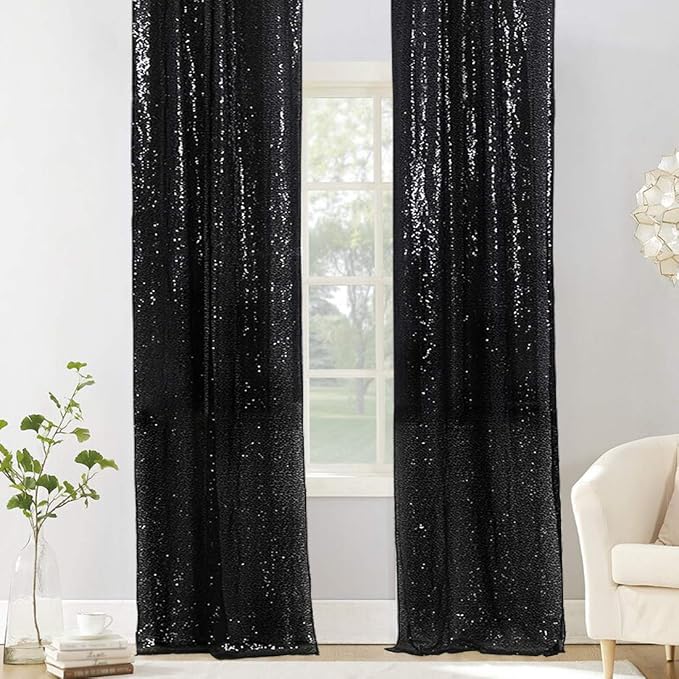 PartyDelight Black Sequin Backdrop Curtains 2x8ft 2 Panels | 3mm stitched sequin curtain with 4 inch rod pocket for 2x8ft 2 panel doorway window side drape narrow photo booth strip