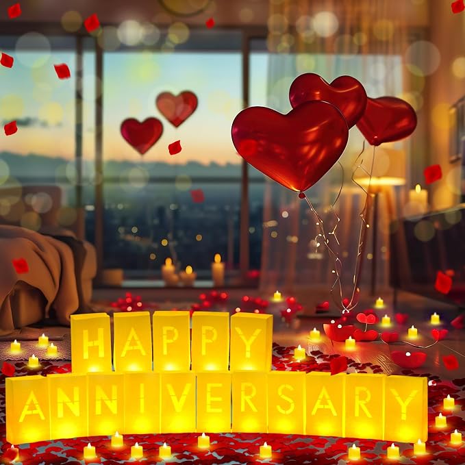 Aurelema 6088 Pcs Happy Anniversary Light up Letters with LED Flameless Tealight Candle Red Rose Petal Letter Luminary Paper Bag for Valentine's Day Decorations Proposal Romantic Special Night Decor