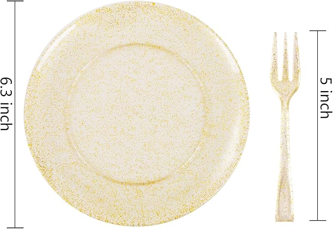Festiva 200Pcs Gold Glitter Dessert Plates 6.3" with Forks 5"-Small Plastic Dessert/Cake/Appetizer Plates Disposable for 100 Guests Easter Party &Wedding& Birthday&Mother's Day