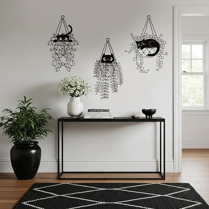 Fiwochic 3 Pcs Black Cat Metal Wall Decor Cute Black Cat Botanical Wall Art Leaves Art Hanging Plant Decoration for Cats Lover Minimalist Room Living Room Patio Decor Gift