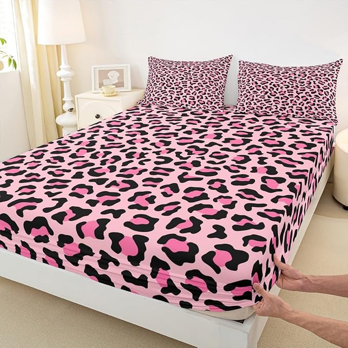 Castle Fairy African Cheetah Wildlife Fur Bed Sheet King Set,Wild Animal Skin Luxury Sheet Sets Adults Room Decoration,Pink Leopard Print Bedding Set with Flat,Fitted Sheet,2 Pillow Cases