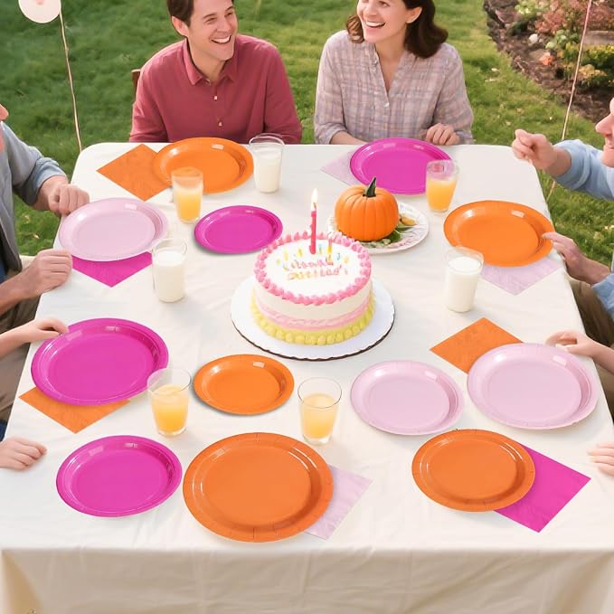 Grencian Pink and Orange Party Decorations Supplies 96Pcs Solid Color Paper Plates and Napkins Neon Disposable Hot Pink Orange Tableware for Sunset Birthday Party Graduation Decorations 2026 Serve 24