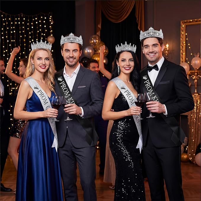 Retrowavy 4 Pcs Prom King and Queen Crown Set with Sashes Prom King Queen Sash and Tiara Set for 2026 Grad Birthday Carnival Wedding Costume Accessories(Silver)